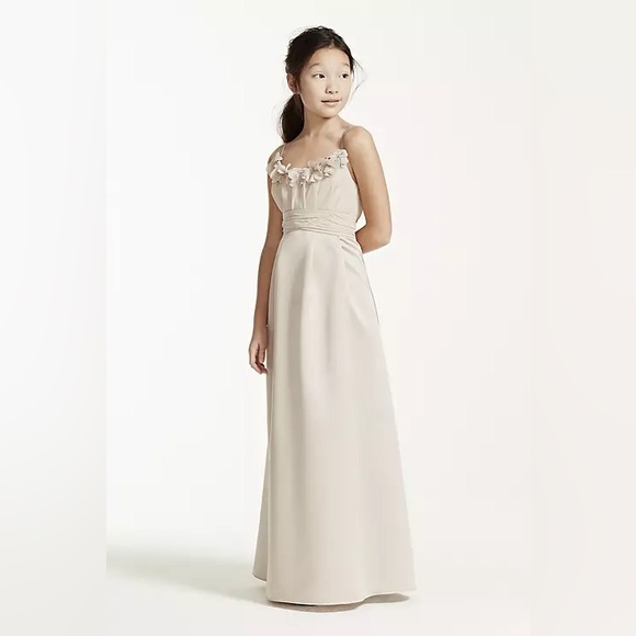 NWT DAVID'S BRIDAL satin and chiffon ball gown with ruched waist champagne sz 10 - Picture 1 of 15